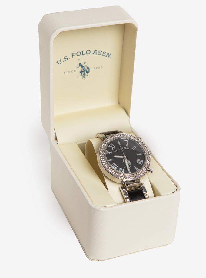 USPA LADIES SILVER BLACK LINK WATCH WITH STONES Free shipping