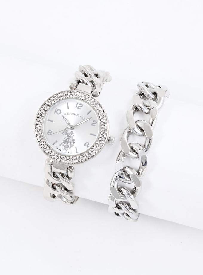 USPA LADIES SILVER CHAIN WATCH AND BRACELET SET On Sale