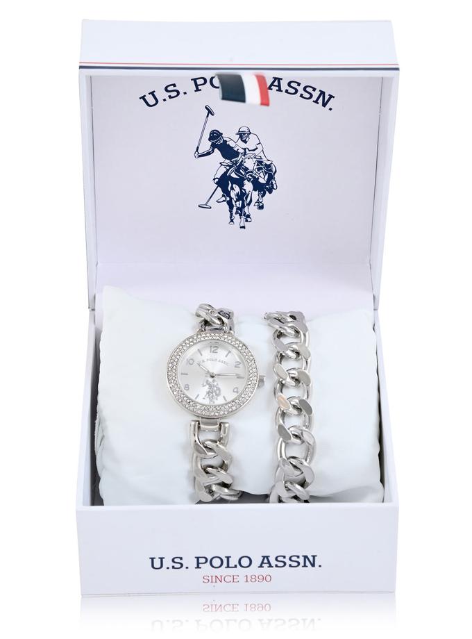 USPA LADIES SILVER CHAIN WATCH AND BRACELET SET On Sale