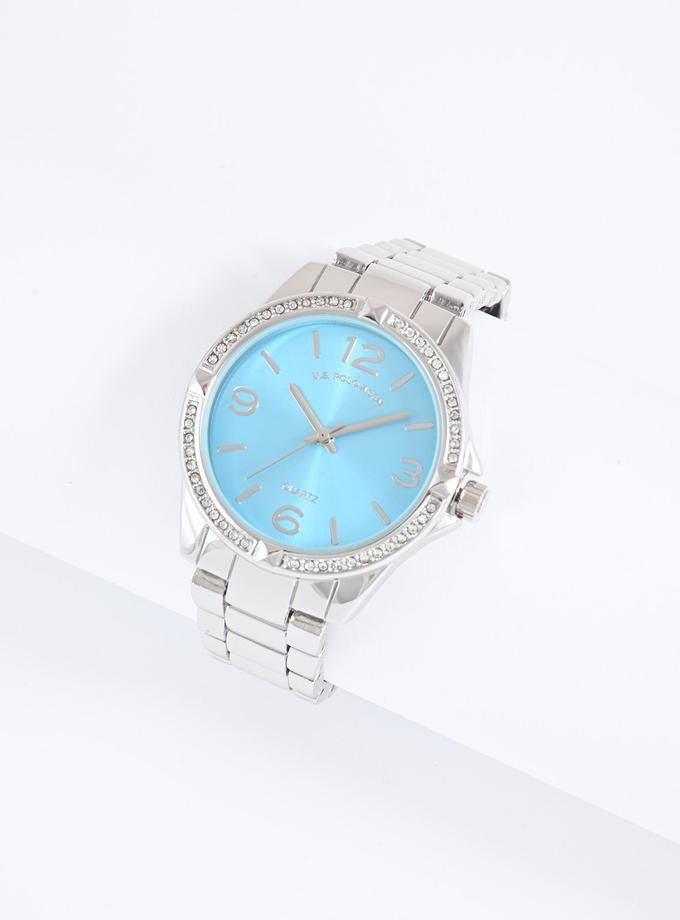 USPA LADIES SILVERTONE BLUE ACCENT LINK WATCH Best Price