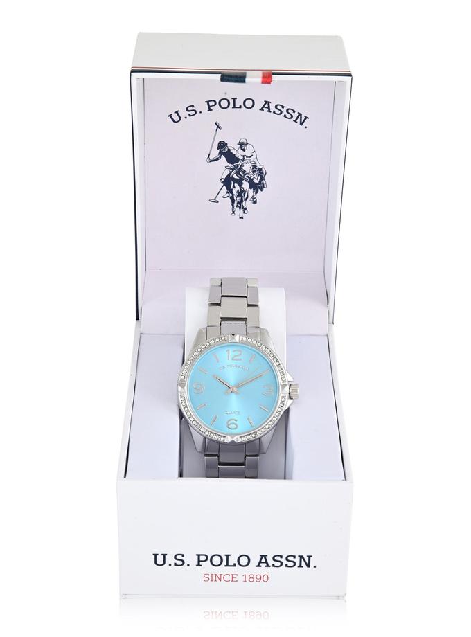 USPA LADIES SILVERTONE BLUE ACCENT LINK WATCH Best Price