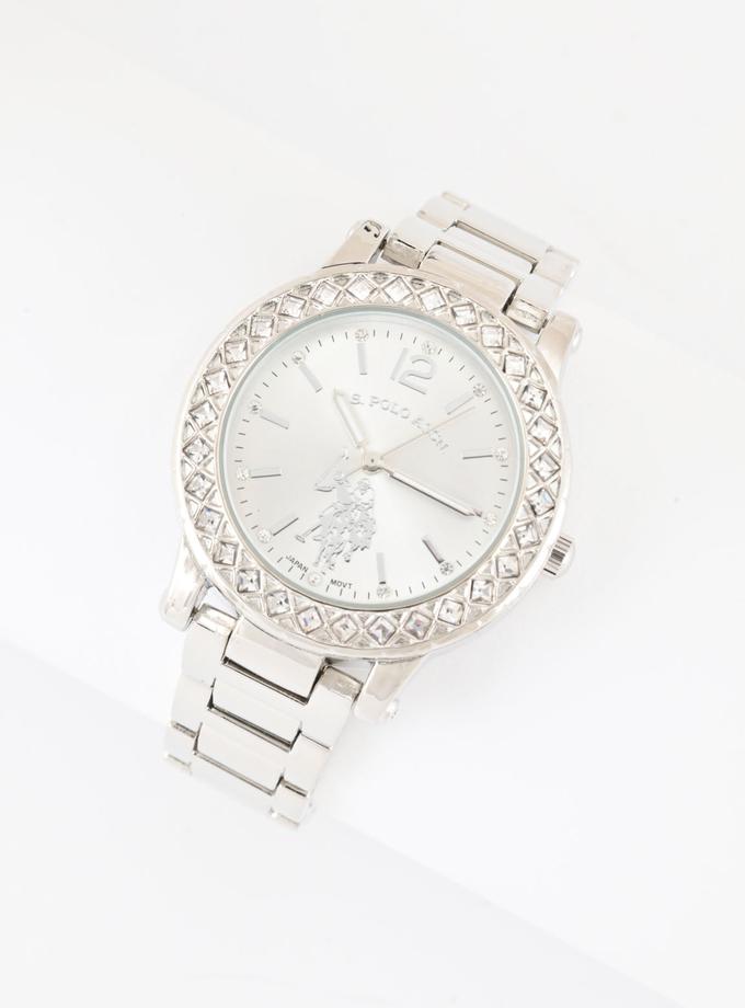 USPA LADIES SILVERTONE BRACELET WATCH W CRYSTAL BEZEL High Quality