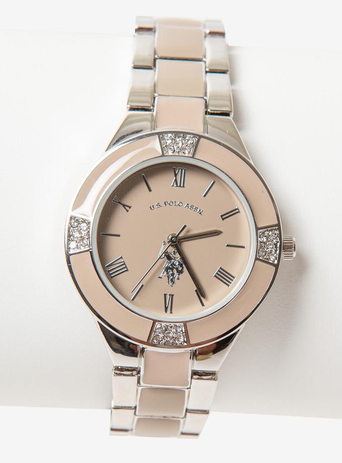 USPA LADIES SILVERTONE & TAUPE LINK BRACELET WATCH High Quality