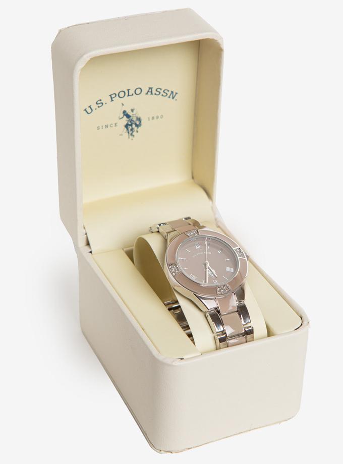 USPA LADIES SILVERTONE & TAUPE LINK BRACELET WATCH High Quality