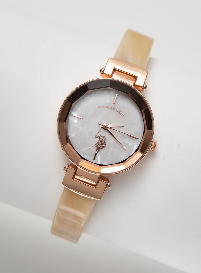 USPA LADIES TORTOISE RESIN BANGLE WATCH WITH WHITE DIAL For Sale