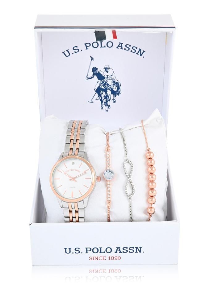 USPA LADIES TWO TONE WATCH AND BRACELETS SET High Quality