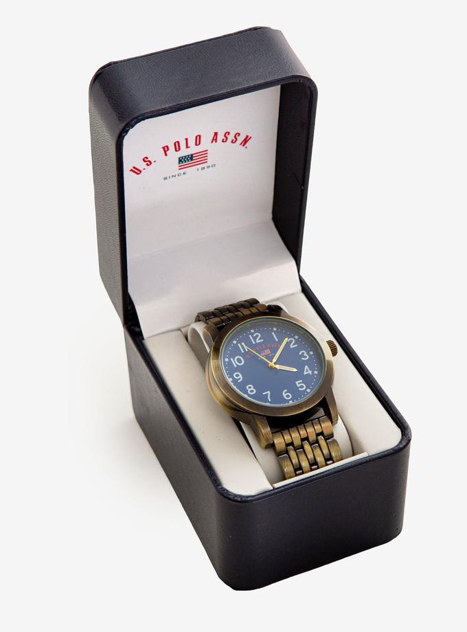 USPA MEN'S ANTIQUE BRASS PLATED WATCH WITH BLUE DIAL Same Day Delivery