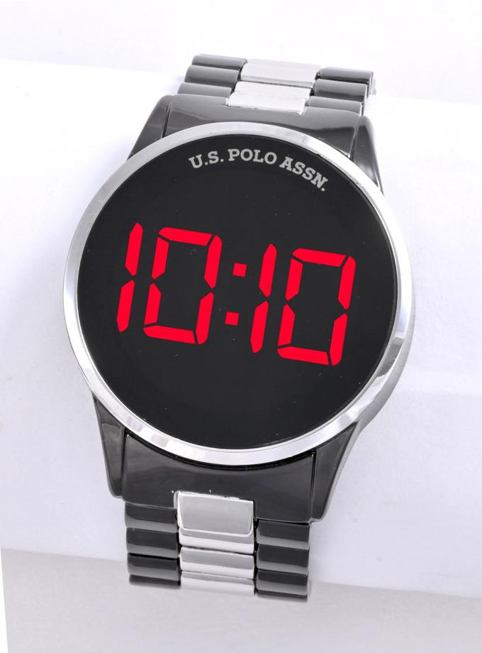 USPA MEN'S BLACK SILVER TWO TONE LED BRACELET WATCH For Sale