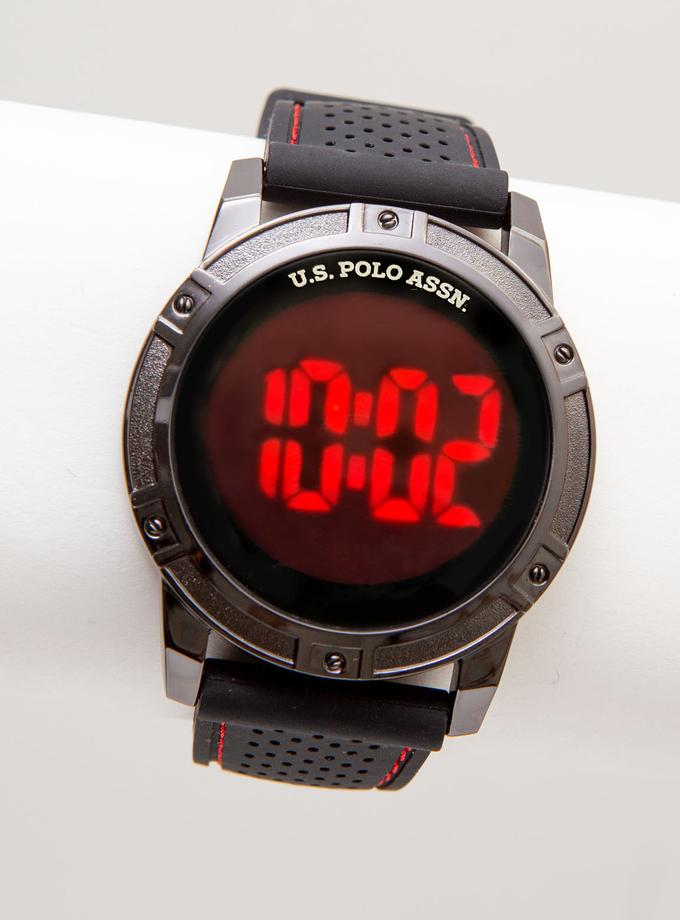 USPA MEN'S BLACK STRAP RED STITCH TOUCH LED WATCH Best Price