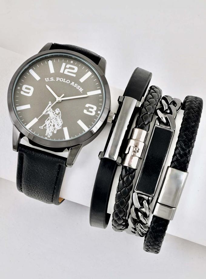 USPA MEN'S BLACK STRAP WATCH AND BRACELETS SET Same Day Delivery