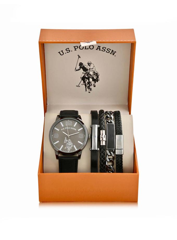 USPA MEN'S BLACK STRAP WATCH AND BRACELETS SET Same Day Delivery