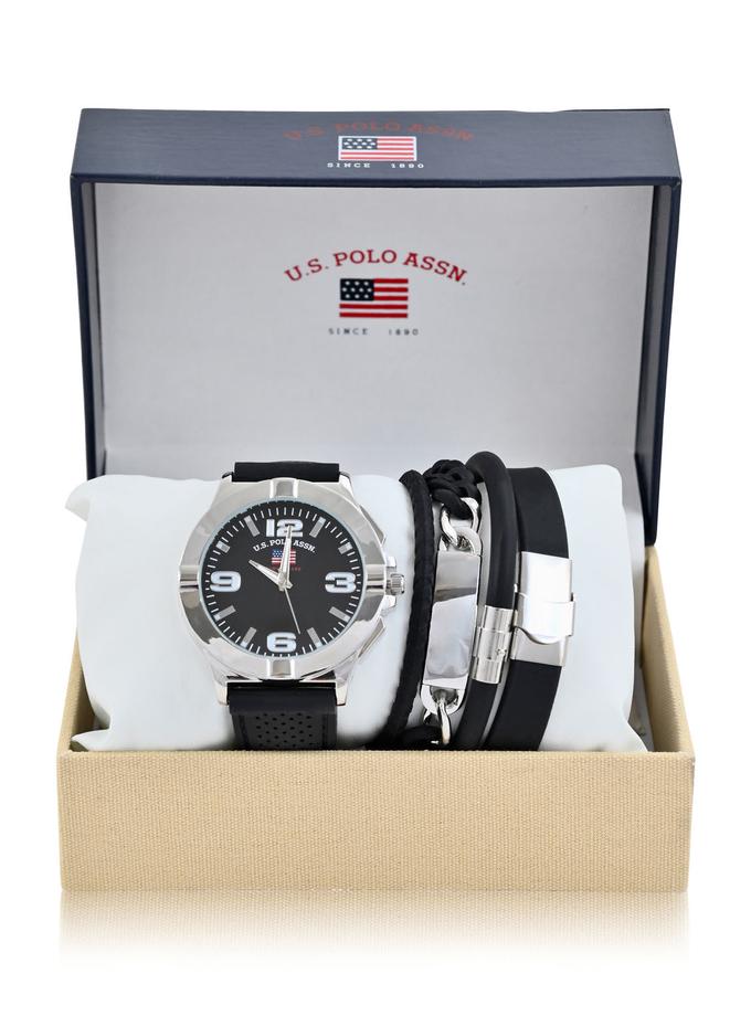 USPA MEN'S BLACK WATCH AND STACKABLE BRACELETS SET Best Price