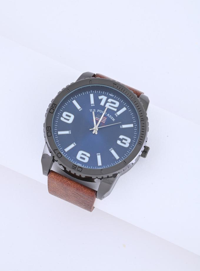 USPA MEN'S BLUE FACE AND BROWN STRAP ANALOG WATCH On Sale