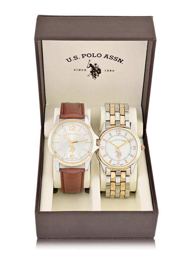 USPA MEN'S BRACELET AND BROWN STRAP WATCH SET New Arrival