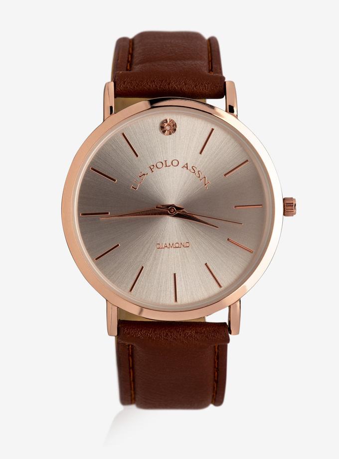 USPA MEN'S BROWN FAUX LEATHER WATCH WITH ROSE GOLD TONE For Sale