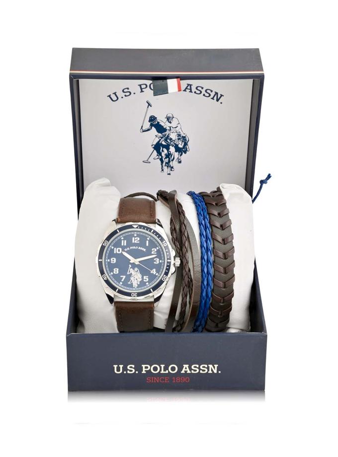 USPA MEN'S BROWN STRAP SPORT WATCH AND BRACELETS SET Best Buy