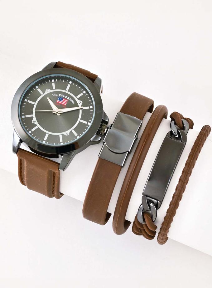 USPA MEN'S BROWN STRAP WATCH AND BRACELETS SET Best Buy