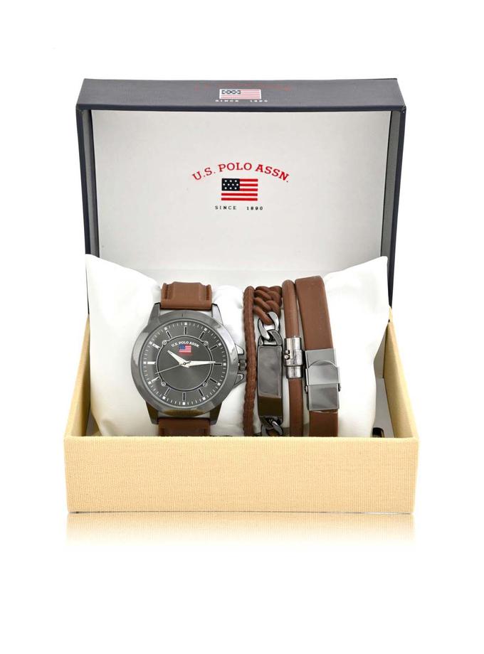 USPA MEN'S BROWN STRAP WATCH AND BRACELETS SET Best Buy