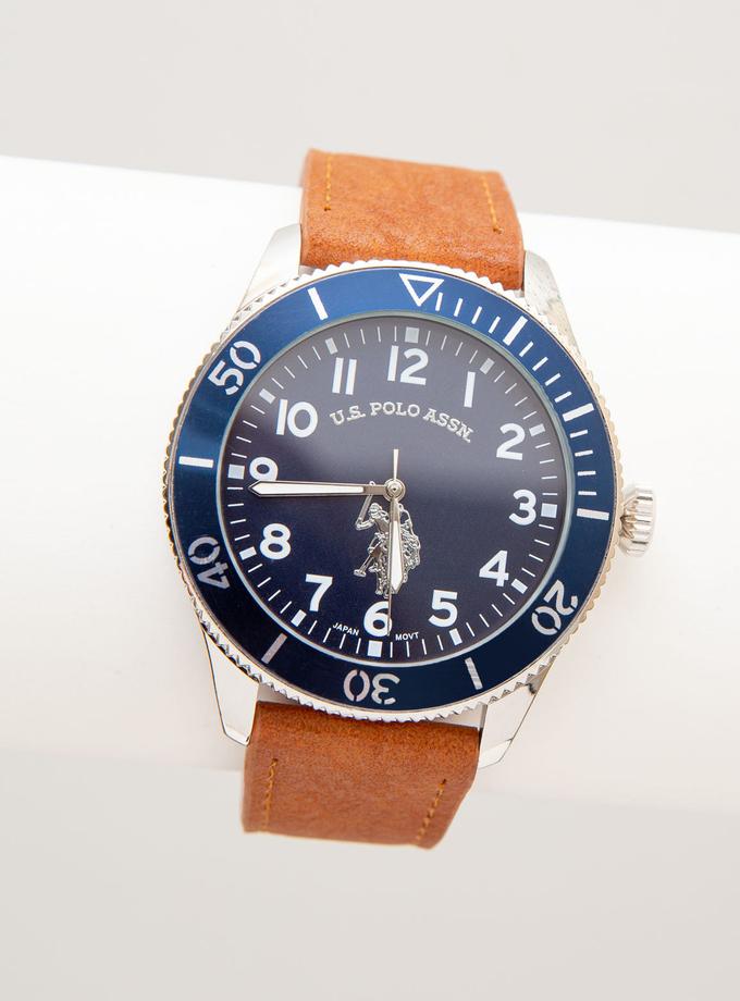 USPA MEN'S BROWN STRAP WATCH WITH BLUE SPORT BEZEL New Arrival