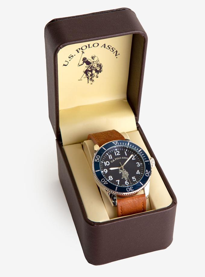 USPA MEN'S BROWN STRAP WATCH WITH BLUE SPORT BEZEL New Arrival