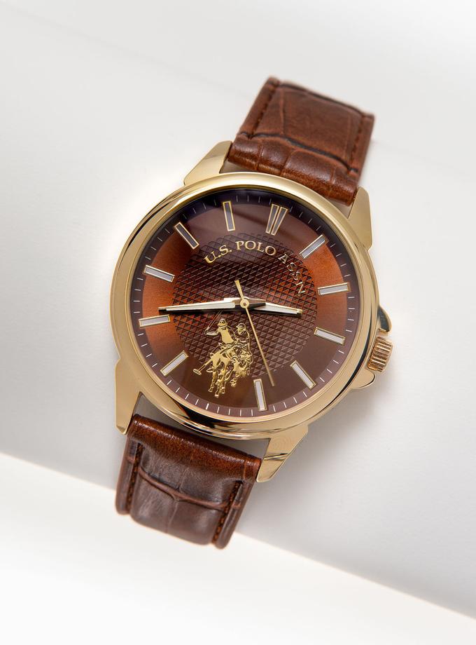 USPA MEN'S BROWN STRAP WATCH WITH GOLDTONE CASE Same Day Delivery