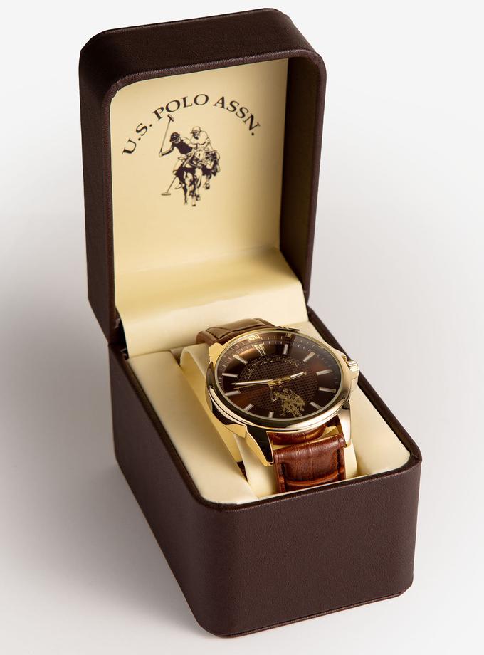 USPA MEN'S BROWN STRAP WATCH WITH GOLDTONE CASE Same Day Delivery