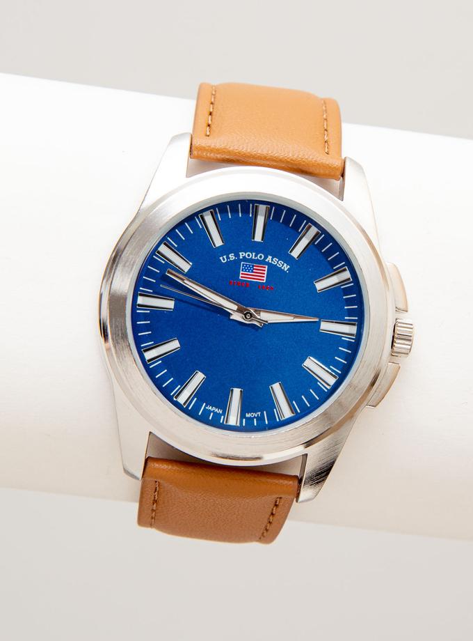 USPA MEN'S CAMEL STRAP WATCH WITH BLUE DIAL Free shipping