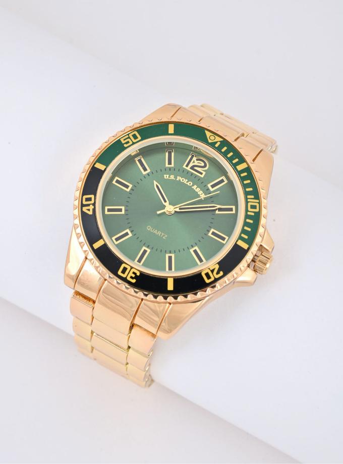 USPA MEN'S GOLDTONE AND GREEN SPORT BEZEL ANALOG WATCH Best Buy