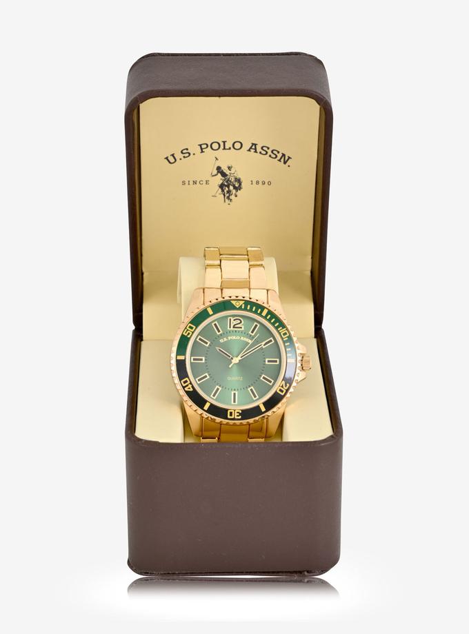 USPA MEN'S GOLDTONE AND GREEN SPORT BEZEL ANALOG WATCH Best Buy