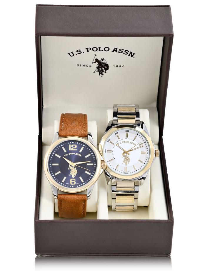 USPA MEN'S LINK AND BROWN STRAP WATCH SET For Sale