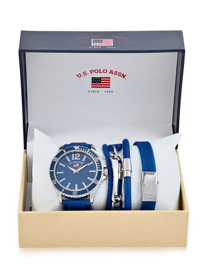 USPA MEN'S NAVY WATCH AND STACKABLE BRACELETS SET For Sale