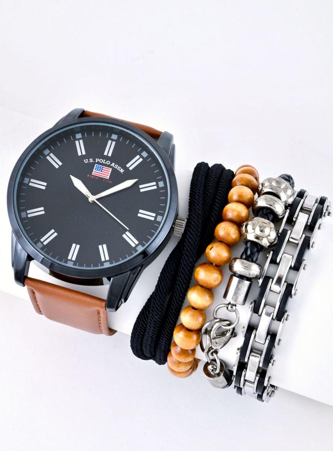 USPA MEN'S OVERSIZED BLACK & BROWN WATCH & BRACELETS SET Best Buy