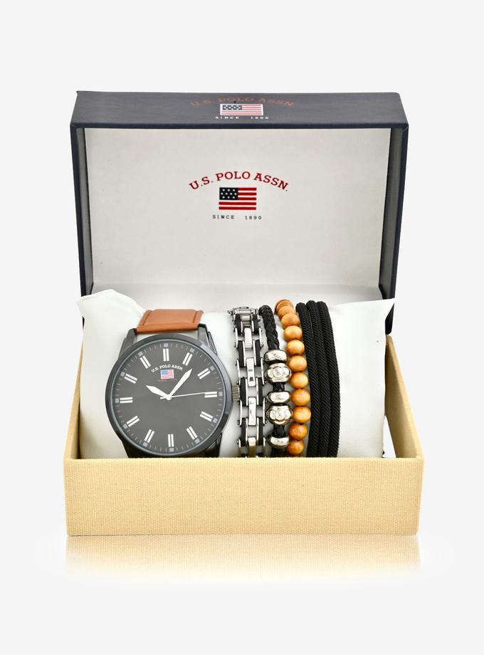 USPA MEN'S OVERSIZED BLACK & BROWN WATCH & BRACELETS SET Best Buy