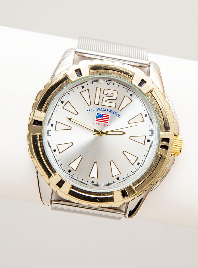 USPA MEN'S SILVER MESH WATCH WITH GOLDTONE BEZEL New Arrival