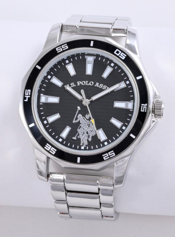 USPA MEN'S SILVERTONE BLACK ACCENT SPORT BEZEL WATCH For Sale