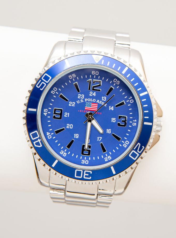 USPA MEN'S SILVERTONE BRACELET WATCH WITH BLUE BEZEL High Quality