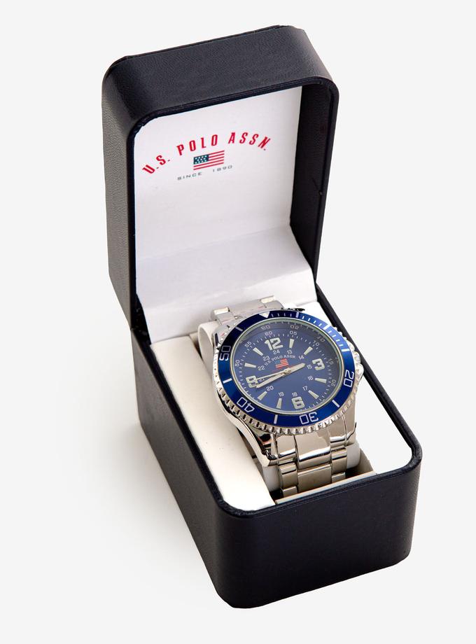 USPA MEN'S SILVERTONE BRACELET WATCH WITH BLUE BEZEL High Quality