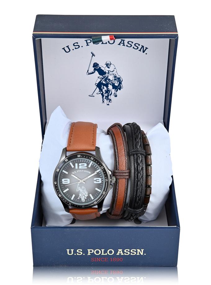 USPA MENS BROWN STRAP WATCH AND BRACELETS SET Best Seller