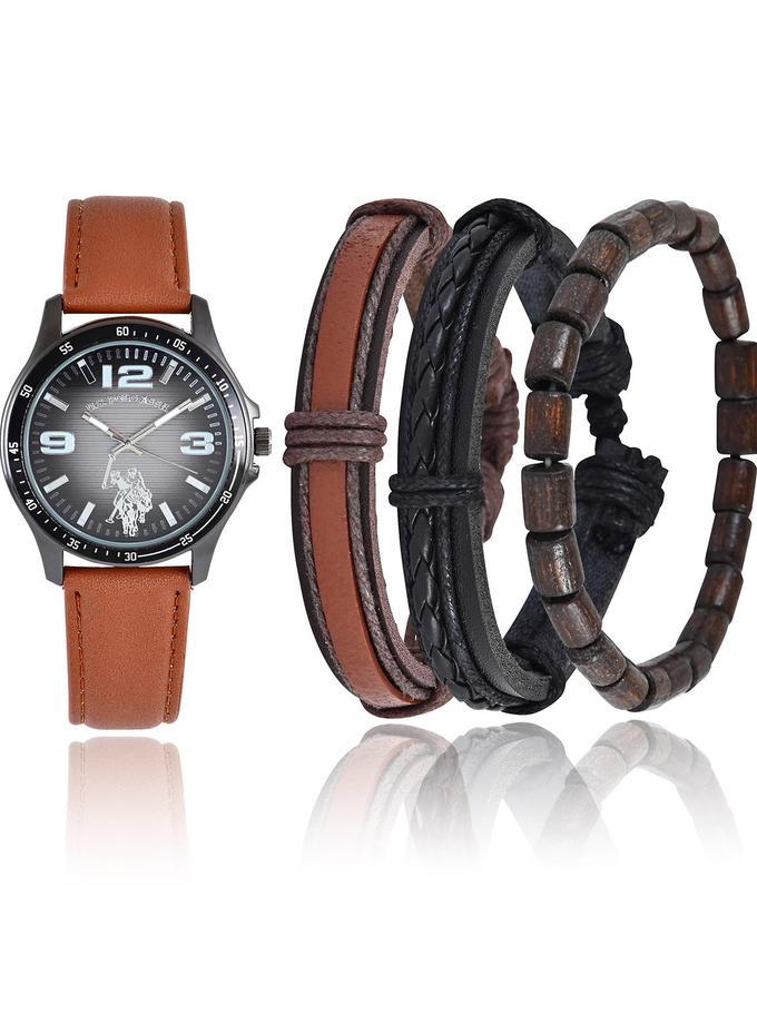 USPA MENS BROWN STRAP WATCH AND BRACELETS SET Best Seller