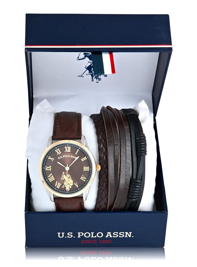 USPA MENS BROWN STRAP WATCH AND BRACELETS SET Free shipping