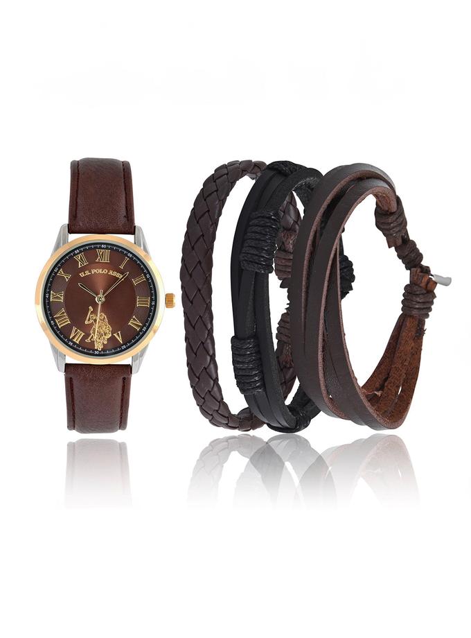 USPA MENS BROWN STRAP WATCH AND BRACELETS SET Free shipping