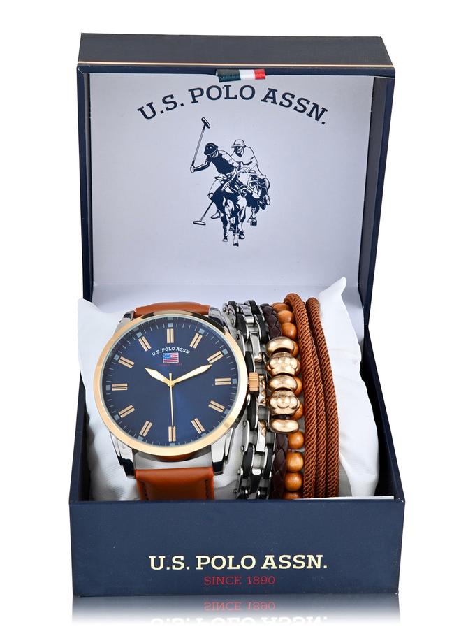 USPA MENS BROWN STRAP WATCH & BRACELETS SET Same Day Delivery