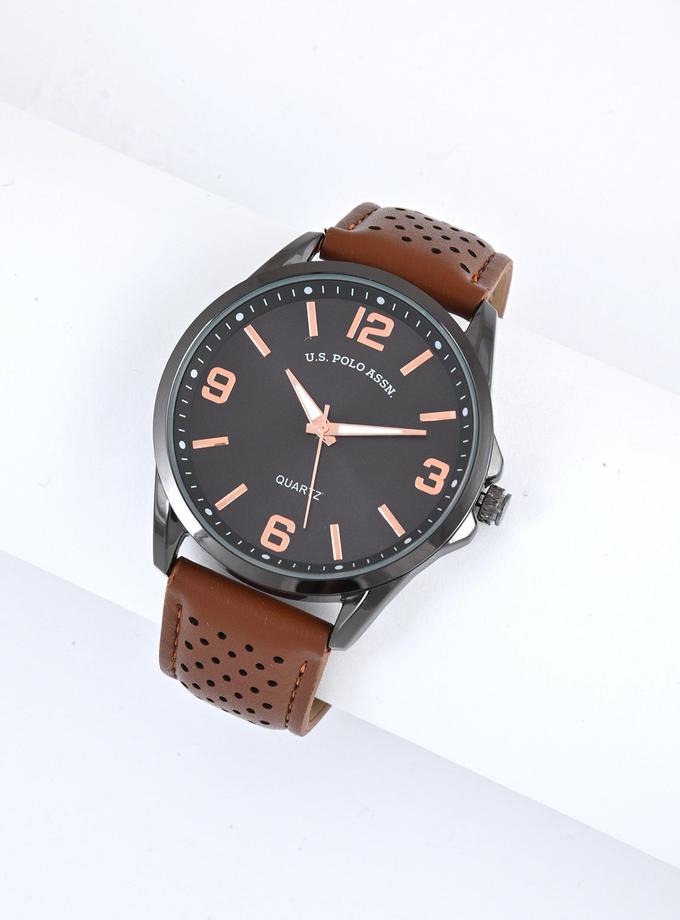 USPA MENS PERFORATED BROWN STRAP ANALOG WATCH High Quality