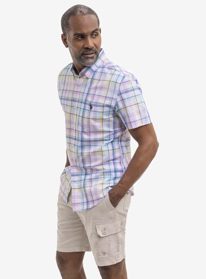 USPA PLAID SHORT SLEEVE POPLIN SHIRT WITH POCKET Free shipping