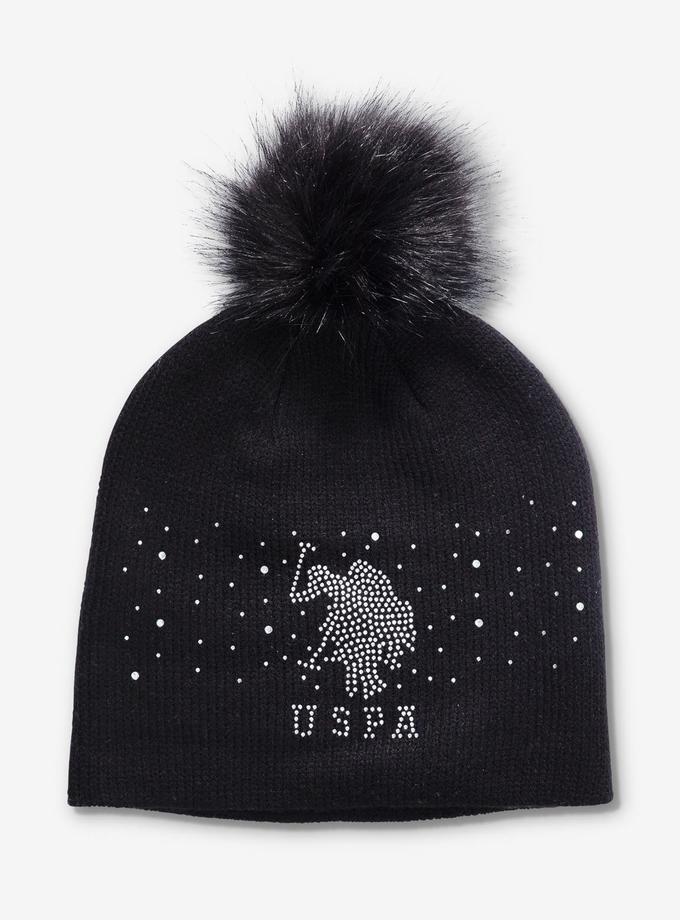 USPA RHINESTONE BEANIE WITH POM POM ON TOP Same Day Delivery