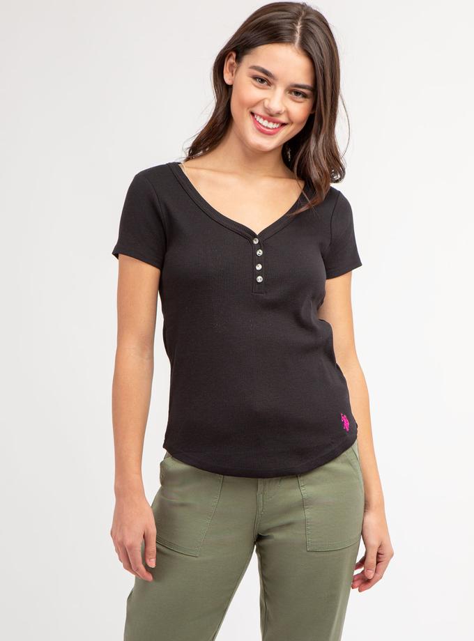 USPA RHINESTONE BUTTON SHORT SLEEVE HENLEY Best Price