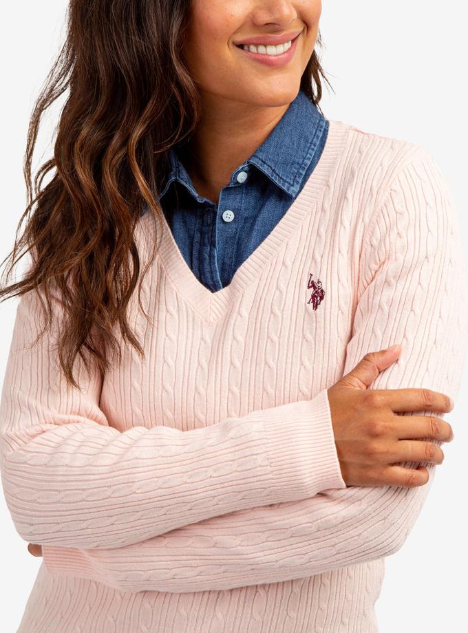 USPA SOFT CABLE V-NECK SWEATER On Sale