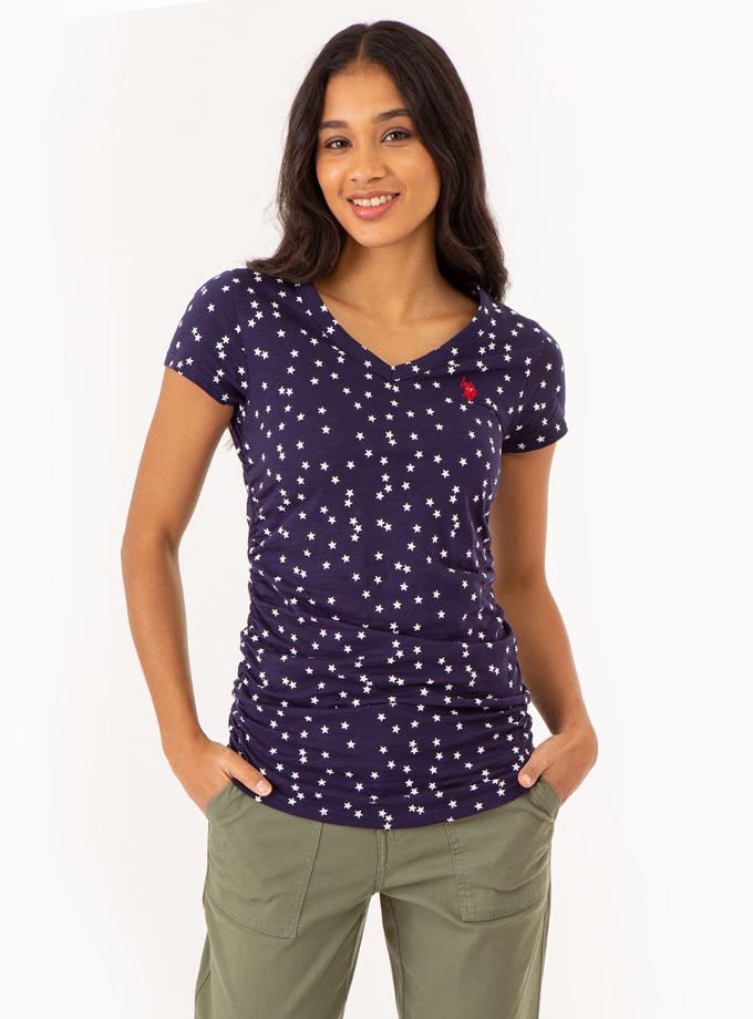 USPA STAR PRINT RUCHED SIDE V-NECK T-SHIRT High Quality