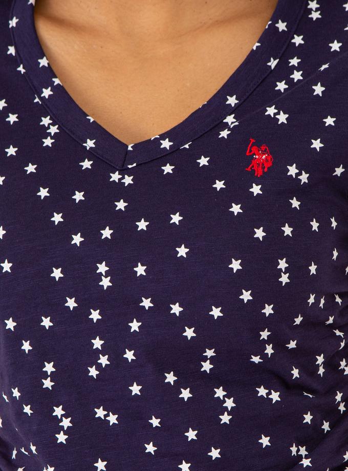 USPA STAR PRINT RUCHED SIDE V-NECK T-SHIRT High Quality