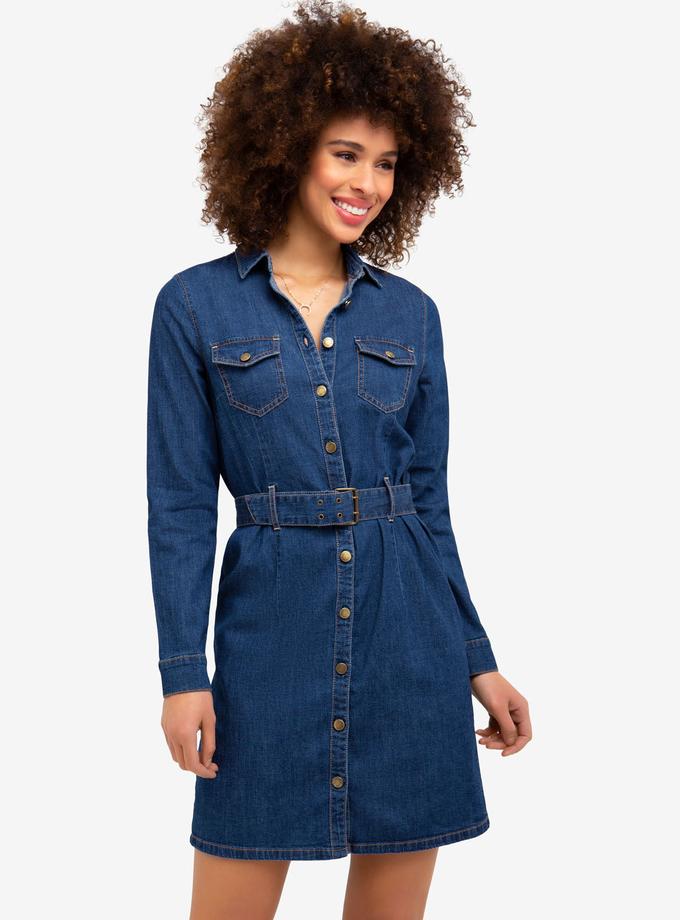 USPA STRETCH DENIM BELTED SHIRT DRESS Same Day Delivery